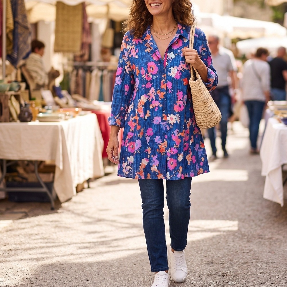 NIC+ZOE Floral Button Down Tunic Top XL Blue Crinkle Cotton Blouse Artsy Boho